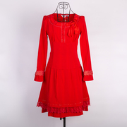 秋季红色低圆领蝴蝶结长袖蕾丝，拼接百褶钉珠，亮片婚礼上衣短裙套装