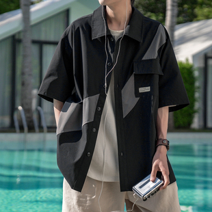 设计感拼接短袖衬衫，男夏季日系cityboy宽松休闲翻领，工装衬衣外套
