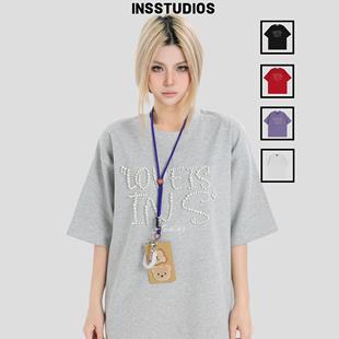INSstudios 国潮牌情侣美式珍珠排版LOGO短袖宽松半袖打底衫t恤男