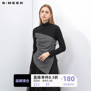 sdeer圣迪奥女装时尚，高领撞色网纱系带，长袖t恤s223z0216