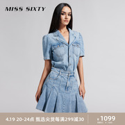 misssixty2024夏季牛仔连衣裙，女翻领短袖，假两件百褶裙减龄风