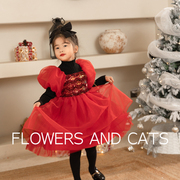 韩国童装2023冬季女童圣诞新年红色，大裙摆泡泡，袖背心裙蓬蓬连衣裙
