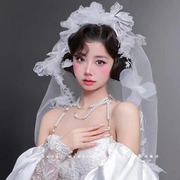 森系超仙蕾丝娟纱花朵，新娘造型白纱头饰头纱，婚礼影楼复古头饰品