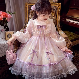 女童连衣裙春装，2024蝴蝶结洋气网纱小女孩，洛丽塔公主长袖裙子