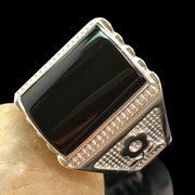 宝石戒指天然黑玛瑙，s925纯银白金戒指玉石，镶嵌可调男指环带证