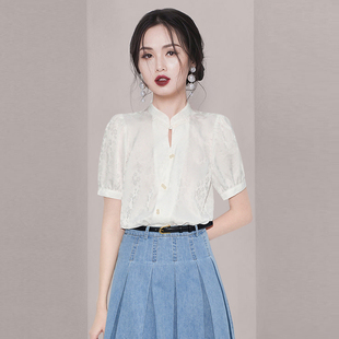 新中式袢扣白色衬衫女2024夏季小众淑女精致显瘦气质名媛上衣