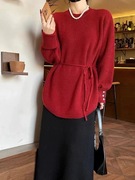 秋韩版网红圆领纯色系腰带女宽松长袖钉扣针织衫