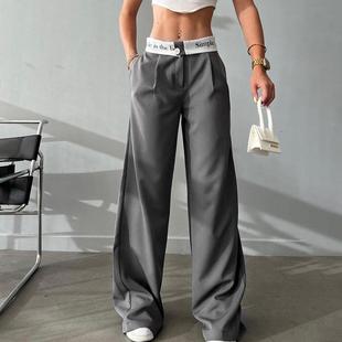 Casual straight pants 针织高腰撞色宽松西裤女装休闲直筒长裤