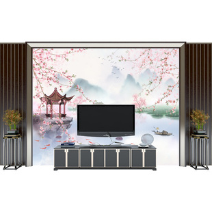 新中式水墨山水电视背景墙壁纸壁画茶室书房客厅沙发床头墙纸墙布