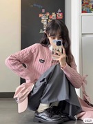 韩系温柔粉色麻花针织开衫女修身毛衣气质外套，长袖短款上衣女