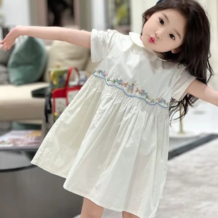 中式风刺绣彼得兔连衣裙，纯棉白色大摆裙女童公主裙长裙子圆领短袖