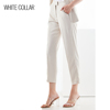 白领夏季女士高腰垂坠感显瘦米色开叉薄款九分裤西装裤NWSB21-1