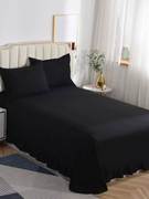 纯色床单单件双人被单荷叶，边磨毛三件套黑色，1.5米1.8米2米加大款