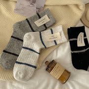 坚果妈咪条纹羊毛袜子女中筒袜，日系加厚保暖堆堆袜秋冬季长筒袜