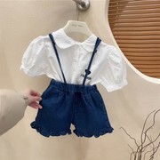 女童衬衫套装夏装，2023韩版女宝宝短袖，学院风两件套牛仔短裤潮