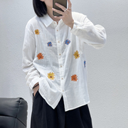 4.13福利jiu-w5569韩版重工刺绣，花朵长袖双层纱衬衫