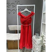 selfportrait女连衣裙一字，雪纺百褶蕾丝，红时尚派对气质法式