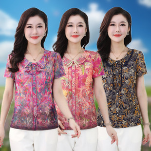 夏中老年女装短袖上衣薄款T恤速干印花台湾网纱洋气质妈妈衫