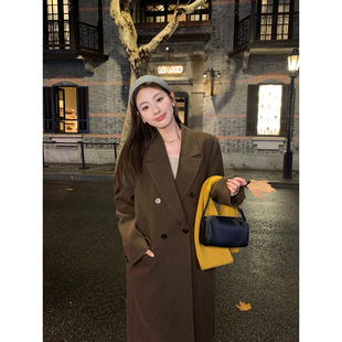 pusumede复古毛呢外套女秋冬新款小众气质宽松中长款西装呢子大衣