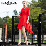 韩诗兰时尚红色连衣裙女收腰显瘦不规则西装裙职场穿搭夏薄