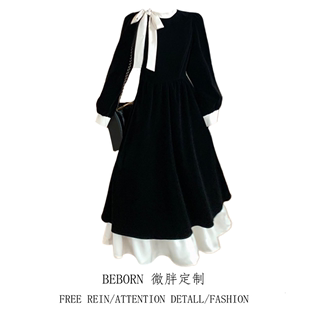 今年流行的漂亮连衣裙大码胖妹妹法式复古蝴蝶结丝绒连衣裙小黑裙