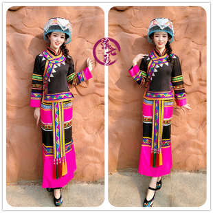 拉祜族女装玫红色筒裙长袖，套装黑色佤族女装滇七彩民族服装