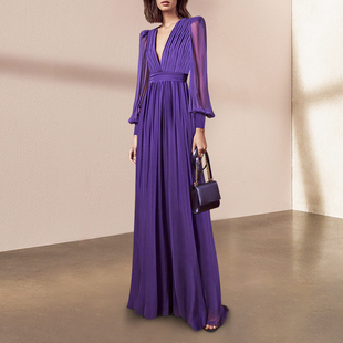 设计感紫色连衣裙女气质收腰褶皱，裙子长袖v领长裙，飘逸连身裙春装