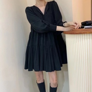 韩国chic秋季简约显瘦V领褶皱设计宽松小个子娃娃连衣裙短裙女