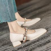 时装单鞋女2023春季方头珍珠编织带装饰粗跟womenshoes浅口