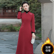 红色冬款旗袍2023秋冬长袖，加绒加厚喜婆婆妈妈装高级感不开叉