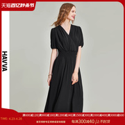 havva2024夏季法式连衣裙小众，设计高腰气质v领黑色长裙q80020