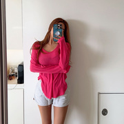 韩国东大门薄款粉色长袖t恤女ins潮小众设计感长款遮屁股体恤