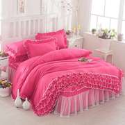 韩版公主磨毛蕾丝床罩床裙式四件套纯色花边被套床套1.5/1.84