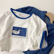 可可爱の小鸭子~复古撞色白色圆领宽松棉质短袖T恤学生上衣