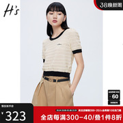 HS奥莱镂空针织衫2023夏季女装薄款黑白套头短袖修身短款上衣