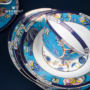欧式轻奢宫廷风高档中式蓝色骨瓷餐具套装家用送礼精致碗碟礼盒