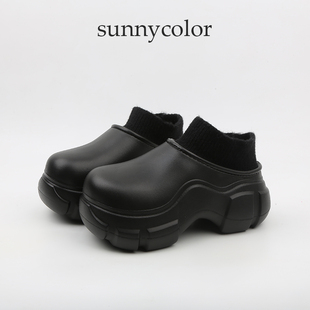 sunnycolor超厚底棉拖鞋，女秋冬季2023外穿加绒增高跟防水棉鞋
