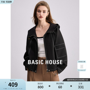 basichouse百家好明线廓形黑色外套，女2024春季时尚连帽上衣