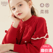 女童毛衣秋冬装宝宝洋气，年服加厚保暖红色纯棉儿童针织打底衫