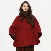 M*L自制 秋冬圣诞红双面羊毛大衣女蝙蝠袖假两件系带呢子斗篷外套