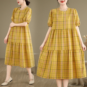 夏季大码女装茶歇法式森系泡泡袖格子长款连衣裙M-4XL宽松黄色