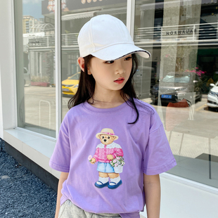 儿童短袖t恤女童圆领纯棉体恤韩版时尚大牌潮上衣小熊童装紫色