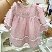 韩国高端童装23春女宝童粉色刺绣花朵蕾丝，拼接长袖连衣裙n7