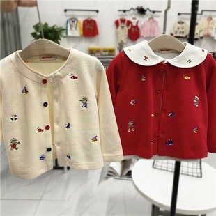 日系miki童装春季儿童时尚洋气针织开衫宝宝红色卡通小熊外套