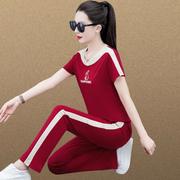短袖运动套装，女款棉女夏季2024红色减龄时髦拼色女两件0127n