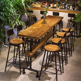 吧台桌复古做旧酒吧靠墙窄桌子，奶茶店清音乐，餐吧家用长条实木桌椅