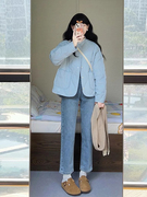 奶fufu蓝色菱格棉服外套女冬季2023小个子短款棉衣高级感