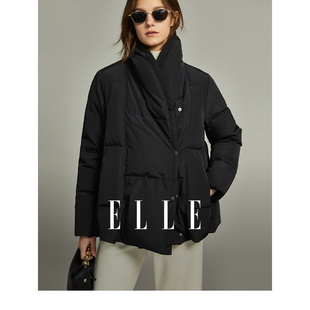 ELLE黑色高级感白鸭绒羽绒服女2023冬装小个子高端短款外套