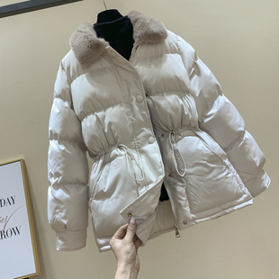 韩国收腰中长版棉服女2022年冬季羊羔毛领加厚羽绒服棉衣外套