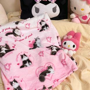 Ruibbit原创设计渐变猫咪黑粉色毛毯法兰绒宿舍办公室空调毯可爱
